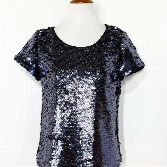 SOLD-Anthropologie Blue Jewel Tone Sequin Short Sleeve Blouse Tee - Picture 7 of 11